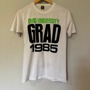 Vintage 80s t-shirt Ohio University grad JerZees Russell single stitch white S-M